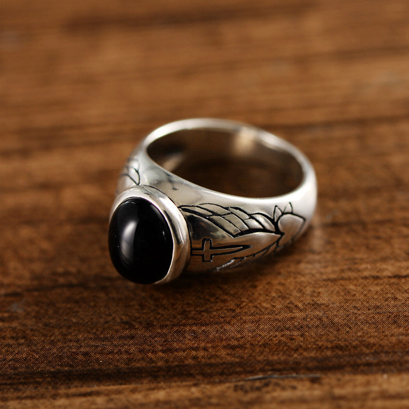 Vintage Thai Silver Black Agate Men Ring