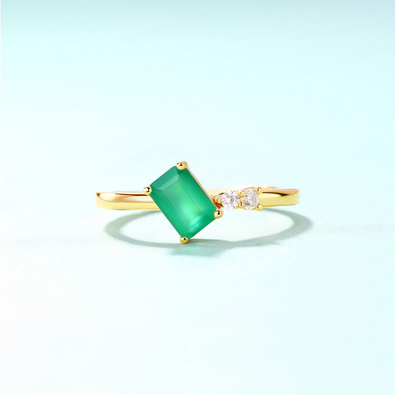 Sterling Silver Green Agate Square Ring Female 9K Gold Plated Women Ring